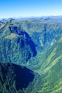 Aerial of the rugged mountains in  Fiordland National Park, UNESCO World Heritage Site, South Island, New Zealand, Pacific