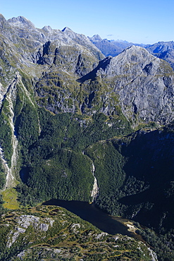 Aerial of the rugged mountains in Fiordland National Park, UNESCO World Heritage Site, South Island, New Zealand, Pacific