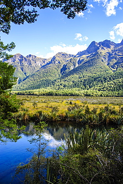 Mountains reflecting in the Mirror Lakes, Eglinton Valley, South Island, New Zealand, Pacific