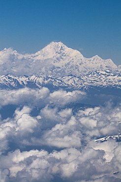 Aerial photo of the Himalayas with the world's third highest mountain, Kanchenjunga, Bhutan, Asia