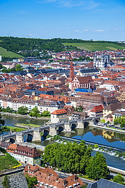 View over Wurzburg from Fortress Marienberg, Franconia, Bavaria, Germany, Europe