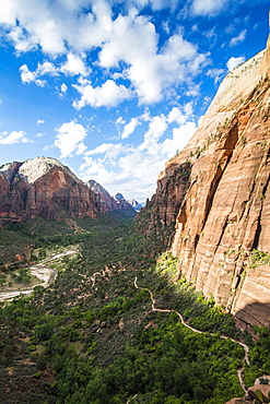 View over the cliffs of the Zion National Park and the Angel's Landing path, Zion National Park, Utah, United States of America, North America