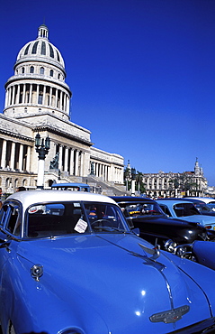 Capitolio Nacional and old American cars used as taxis, Havana, Cuba, West Indies, Central America