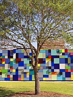 Colorful multi-colored building used as an entrance for parking garage at Discovery Park, Synchronicity of Color by Margo Sawyer, Houston, Texas, United States of America, North America