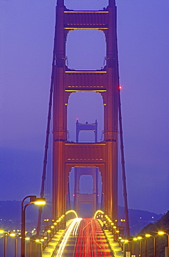 Golden Gate Bridge illuminated at dusk with traffic streaks, San Francisco, California, United States of America, North America