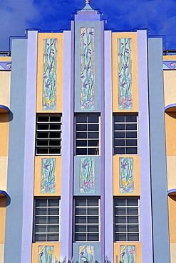 Detail of the facade of the Marlin Hotel, Art Deco district, South Beach, Miami, Florida, United States of America, North America