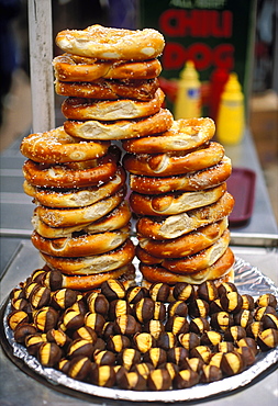 Pretzels and roasted chestnuts, street vendor food, New York City, New York, United States of America, North America