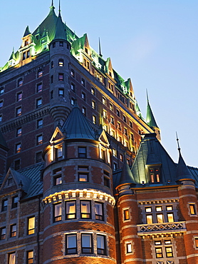 Chateau Frontenac illuminated at dusk, UNESCO World Heritage Site, Quebec City, Quebec, Canada, North America