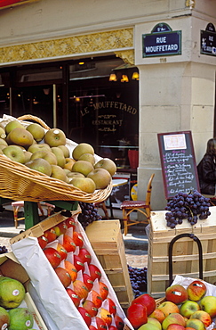 Fresh produce on Rue Mouffetard, a street market, Paris, France, Europe