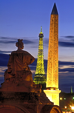 Egyptian Obelisk and Statue of Strasbourg, Place de la Concorde, and Eiffel Tower in the background, Paris, France, Europe