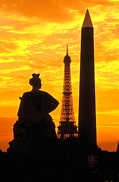 Egyptian Obelisk and Statue of Strasbourg, Place de la Concorde, and Eiffel Tower in the background, Paris, France, Europe