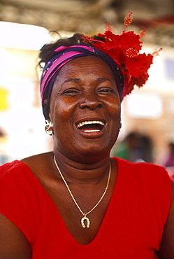 Woman fruit vendor at local out door market, Charlotte Amalie, U.S. Virgin Islands, West Indies, Caribbean, Central America