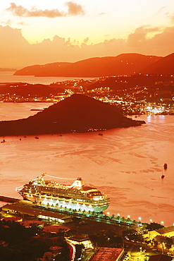 Cruise ship in port at dusk, Charlotte Amalie, U.S. Virgin Islands, West Indies, Caribbean, Central America