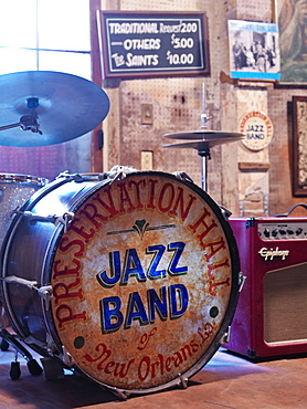 Preservation Hall stage with drum kit, French Quarter, New Orleans, Louisiana, United States of America, North America