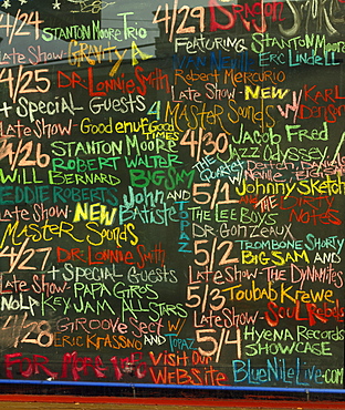 Chalk board announcing with upcoming bands, French Quarter, New Orleans, Louisiana, United States of America, North America