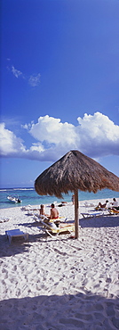 Panorama view of palapa on beach and sea, Mayan Riviera, Akumal, Yucatan, Quintana Roo, Mexico, North America