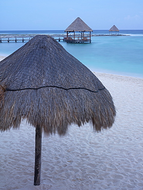 Palapas on beach and sea, Mayan Riviera, Akumal, Yucatan, Quintana Roo, Mexico, North America