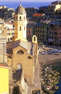 View of church and harbour, Vernazza, Cinque Terre, UNESCO World Heritage Site, Liguria, Italy, Europe