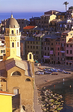 View of church and harbour, Vernazza, Cinque Terre, UNESCO World Heritage Site, Liguria, Italy, Europe