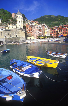 Fishing boats in harbour, Vernazza, Cinque Terre, UNESCO World Heritage Site, Liguria, Italy, Europe