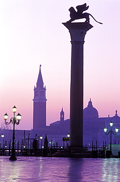 View of San Giorgio Maggiore from Piazzetta San Marco and the column of San Marco at dawn, Venice, UNESCO World Heritage Site, Veneto, Italy, Europe