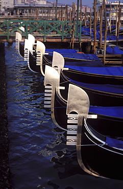 Molo San Marco with row of gondolas, Venice, UNESCO World Heritage Site, Veneto, Italy, Europe