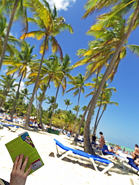 Tourist reading book under palm trees on white sandy beach, Bavaro Beach, Punta Cana, Dominican Republic, West Indies, Caribbean, Central America