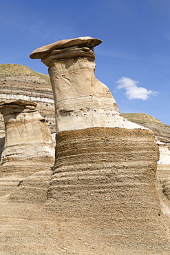 The hoodoos, rock formations formed by the erosion of Bentonite, in the Badlands close to Drumheller in Alberta, Canada, North America