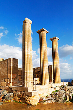 Temple of Athena Lindia, an Ancient Greek place of worship dedicated to Athena, on the acropolis at Lindos on Rhodes, Dodecanese, Greek Islands, Greece, Europe