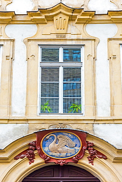 White Swan house sign, Number 49, Nerudova, Mala Strana, Prague, Czech Republic, Europe