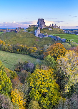 View by drone of Corfe Castle, Dorset, England, United Kingdom, Europe