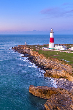 View by drone of Portland Bill Lighthouse, Portland Bill, Isle of Portland, UNESCO World Heritage Site, Dorset, England, United Kingdom, Europe