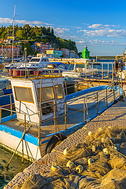 Fishing nets and fishing boat, Old Town Harbour, Piran, Primorska, Slovenian Istria, Slovenia, Europe