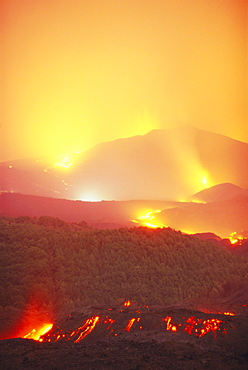 Lava flow from the Monti Calcarazzi fissure that threatened Nicolosi on the south flank of Mt. Etna, Sicily, Italy, EuropeThe Piano del Lago cone (above) destroyed the Sapienza cable car.