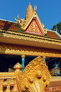 Guardian Naga snake and sleeping Buddha pavilion at the Wat Traeuy Kaoh temple on Fish Island across the river, Kampot, Cambodia, Indochina, Southeast Asia, Asia