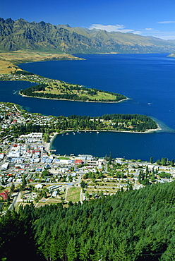 Aerial from the Skyline Chalet over Queenstown, Lake Wakatipu and The Remarkables, west Otago, South Island, New Zealand, Pacific