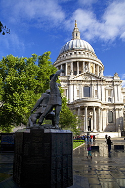 National Firefighters Memorial, Sermon Lane, and St. Paul's Cathedral, City of London, London, England, United Kingdom, Europe 