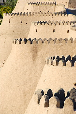 Battlement at the curved bastions of the city wall Ko\'xna Ark Itchan Kala Khiva Uzbekistan