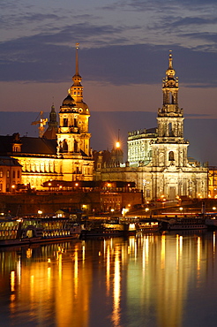 River Elbe town Hofkirche Bruehlsche Terrasse historical buildings at twilight Dresden Saxony Germany