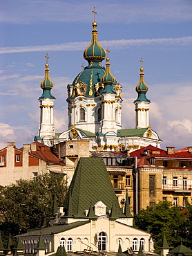 Ukraine Kiev church of holy St. Andreas built 1212 in wood 1744 with stones architect F. Rastrelli blue sky and clouds sunshine 2004