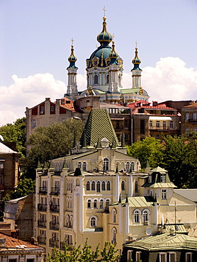 Ukraine Kiev church of holy St. Andreas built 1212 in wood 1744 with stones architect F. Rastrelli blue sky and clouds sunshine 2004