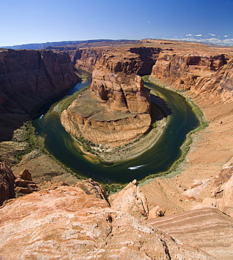 Two boats navigating the Horseshoe Bend river bend, Colorado River, Gooseneck near Page, Arizona, USA, North America