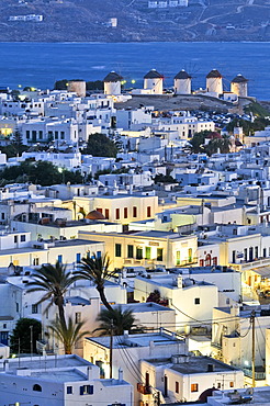 View over the city towards the windmills, the landmark of Mykonos, Cyclades, Greece, Europe