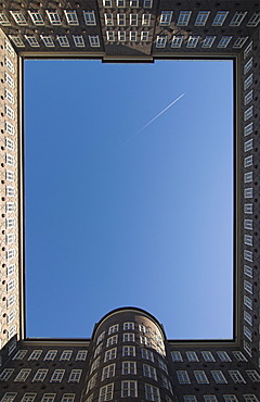 Looking upward in the courtyard of Sprinkenhof Building in downtown Hamburg, Germany