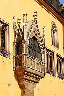 Gothic oriel at Old Town Hall, Regensburg, Upper Palatinate, Bavaria, Germany