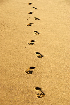 Human footprints, barefoot, footprints in yellow sand, sandy beach, Ceylon, Sri Lanka, South Asia, Asia