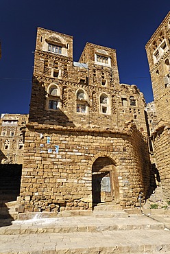 Decorated stone houses in the old town of Thula, Yemen