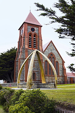 Christ Church Cathedral and a whale bone arch, Port Stanley, capital of the Falkland Islands, Malvinas Islands, British Overseas Territory, South America