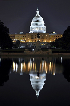 United States Capitol and Capitol Reflecting Pool at night, Washington DC, USA, North America