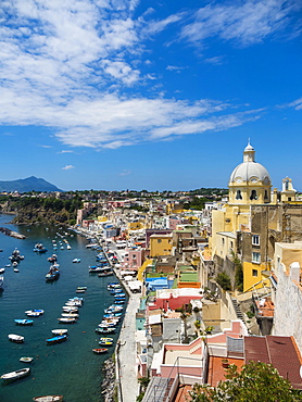 View of the island of Procida with its colourful houses, harbour and the Marina di Corricella, island of Procida, Phlegraean Islands, Gulf of Naples, Campania, Italy, Europe